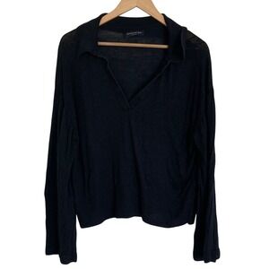 Banana Republic Womens Black Long Sleeve Linen Top Size XL Johnny Collar Classic
